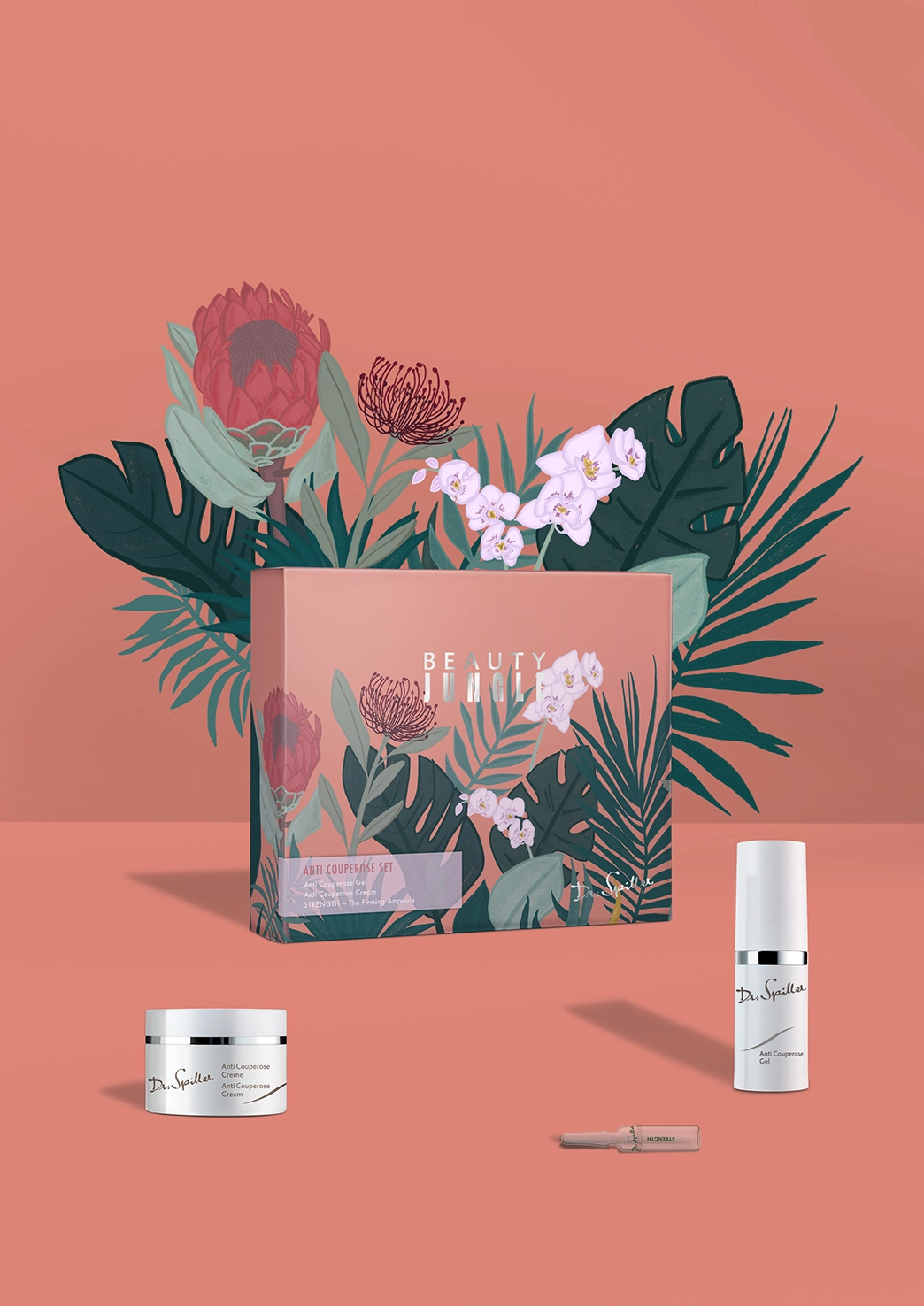 Dr. Spiller ANTI-COUPEROSE Gift Set on a salmon-colored background